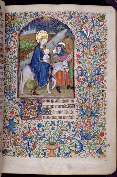 Ms 63 f.73r De vlucht uit Bethlehem, uit een Getijdenboek, ca. 1460 door French School